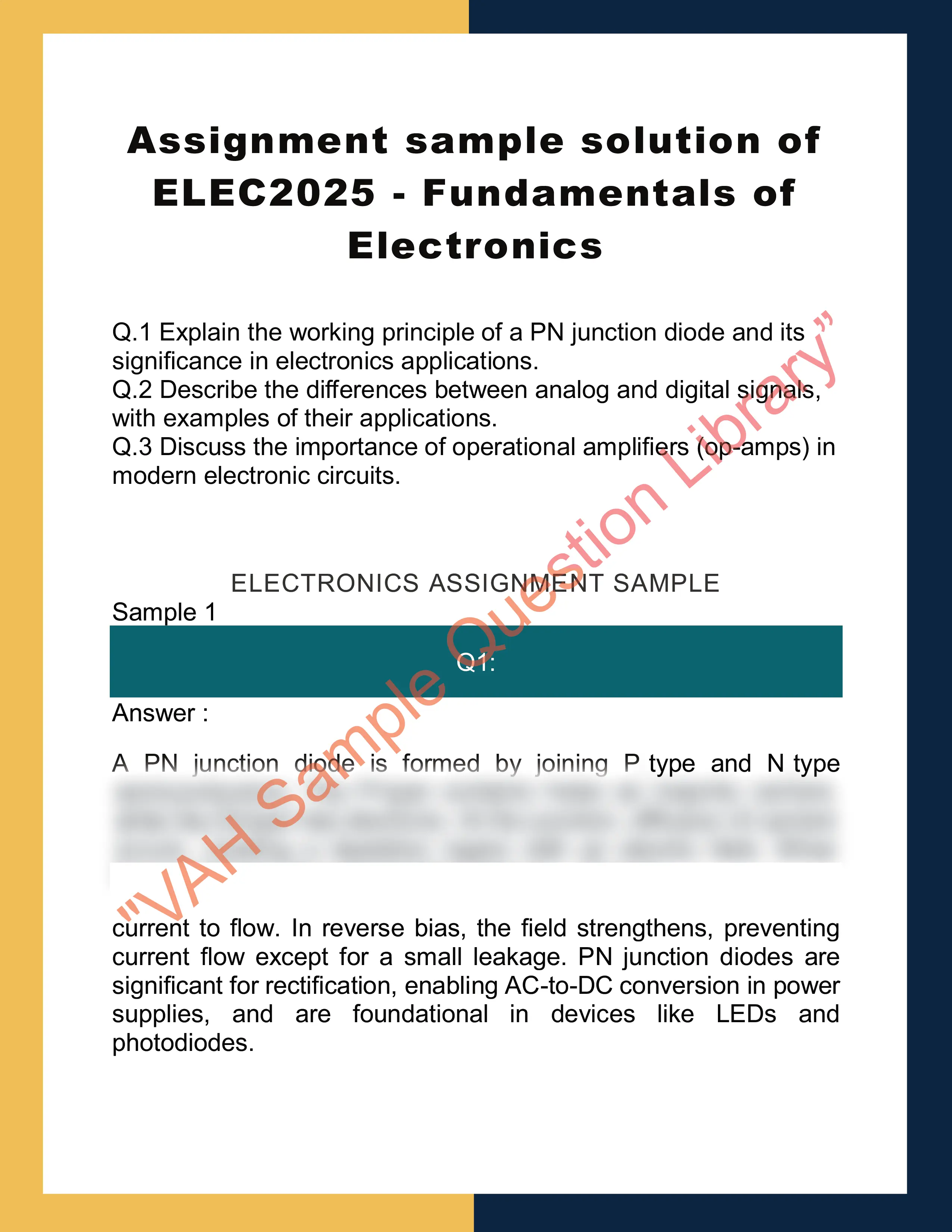 Assignment sample solution of ELEC2025 - Fundamentals of Electronics 0